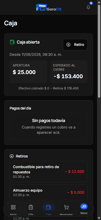 Caja del día de GaraOS en el celular: apertura, pagos y retiros