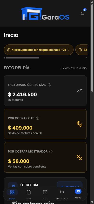 Inicio de GaraOS en el celular: foto del día con facturación y saldos por cobrar