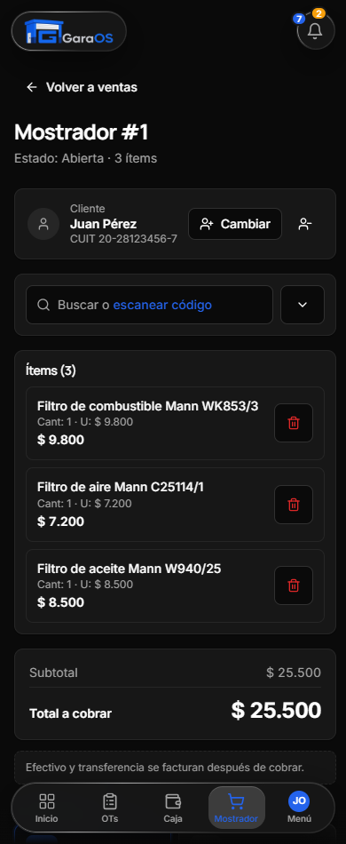 Venta de mostrador en GaraOS: ítems, total y formas de pago para cobrar