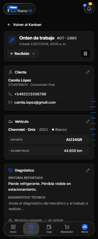 Detalle de una orden de trabajo en GaraOS: cliente, vehículo, servicios y repuestos