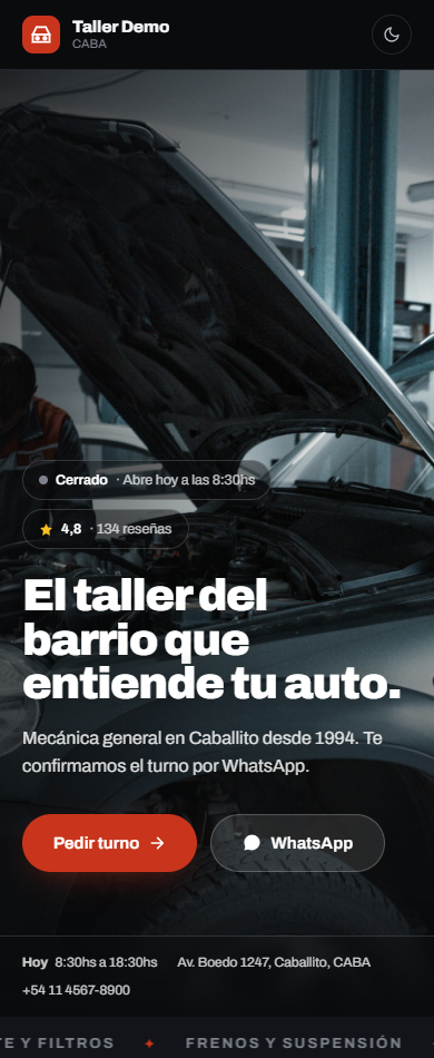 La página pública del taller hecha con GaraOS: turnos online por WhatsApp