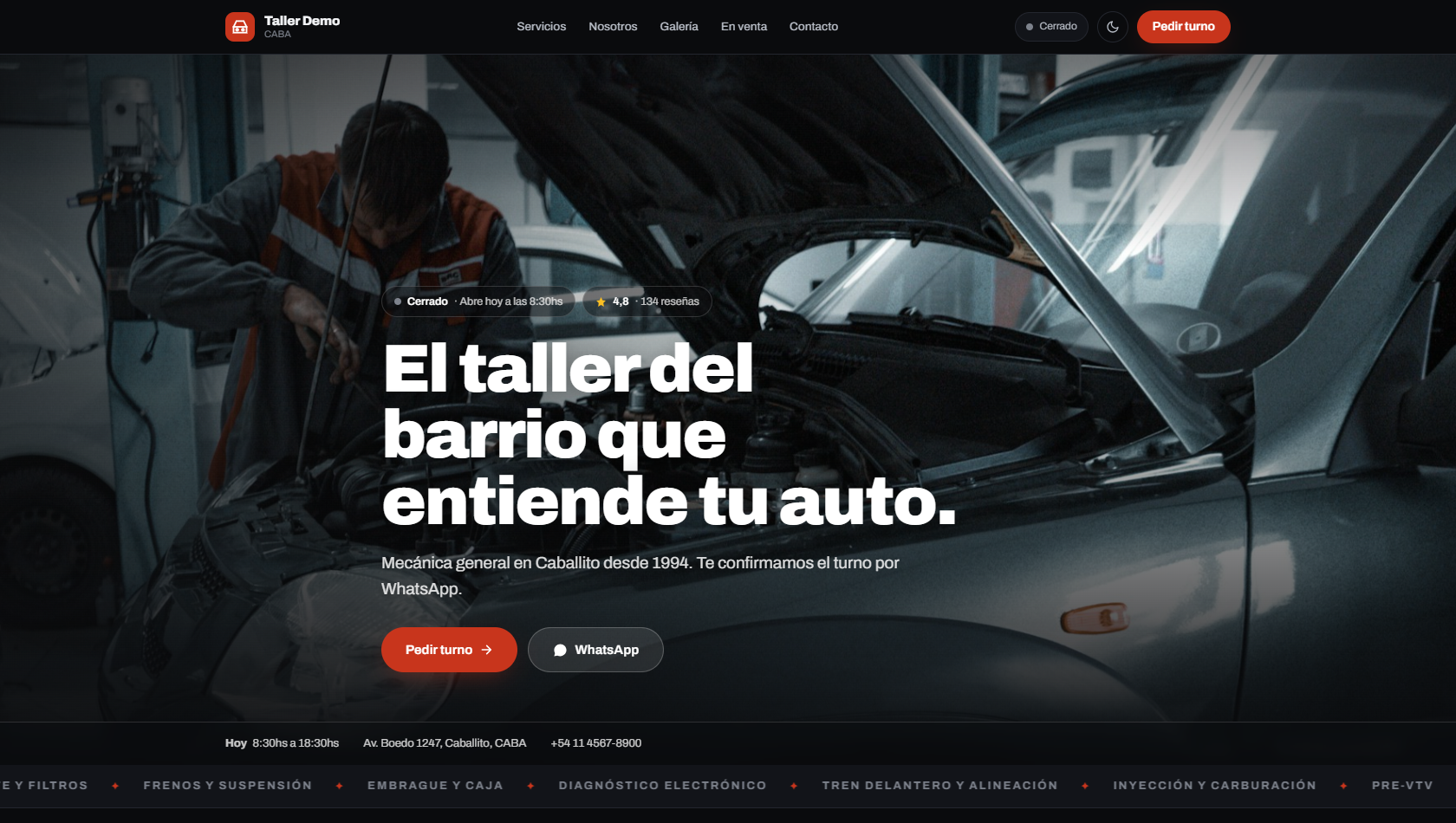 La página pública del taller hecha con GaraOS: turnos online por WhatsApp