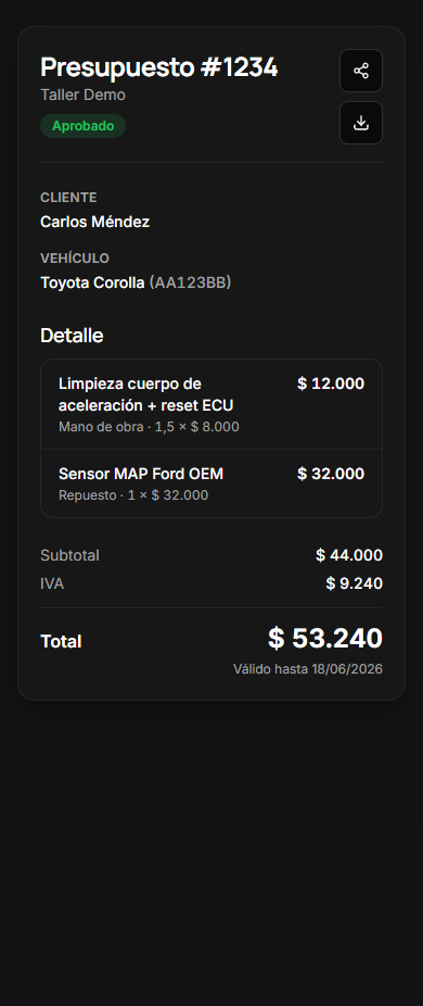 Presupuesto aprobado por el cliente desde su celular