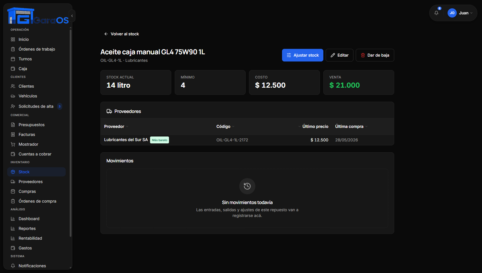 Ficha de un repuesto en GaraOS: stock actual, mínimo, costo, venta y proveedores