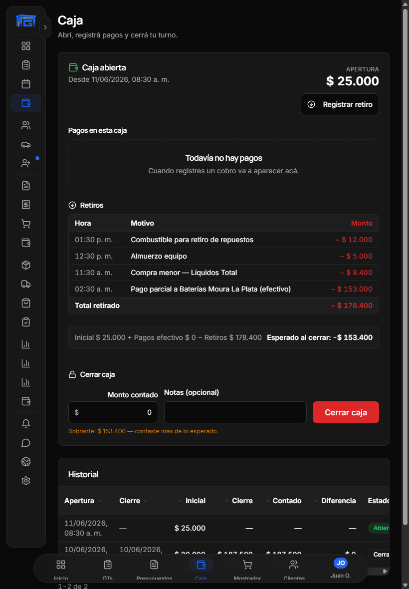 Caja del día de GaraOS en una tablet: apertura, pagos y retiros