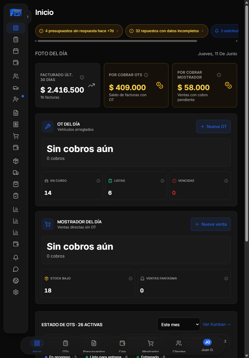 GaraOS en una tablet: la foto del día con facturación y saldos por cobrar