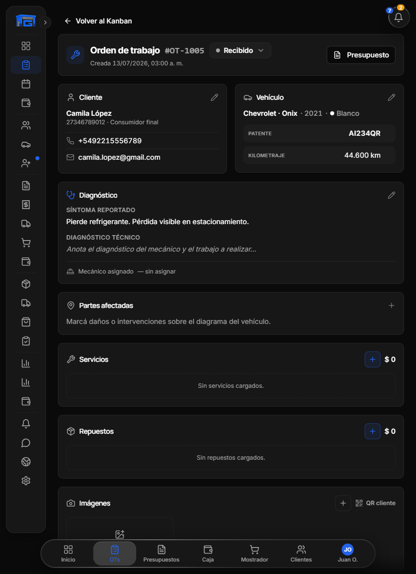 Detalle de una orden de trabajo en GaraOS: cliente, vehículo, servicios y repuestos