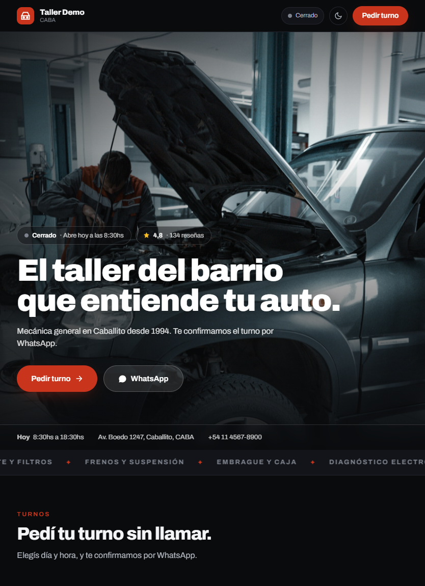 La página pública del taller hecha con GaraOS: turnos online por WhatsApp