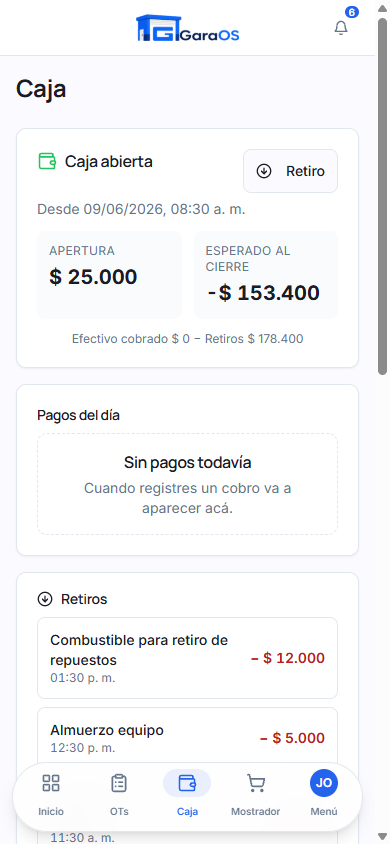 Caja del día de GaraOS en el celular: apertura, pagos y retiros