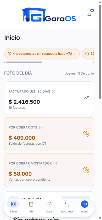 Inicio de GaraOS en el celular: foto del día con facturación y saldos por cobrar