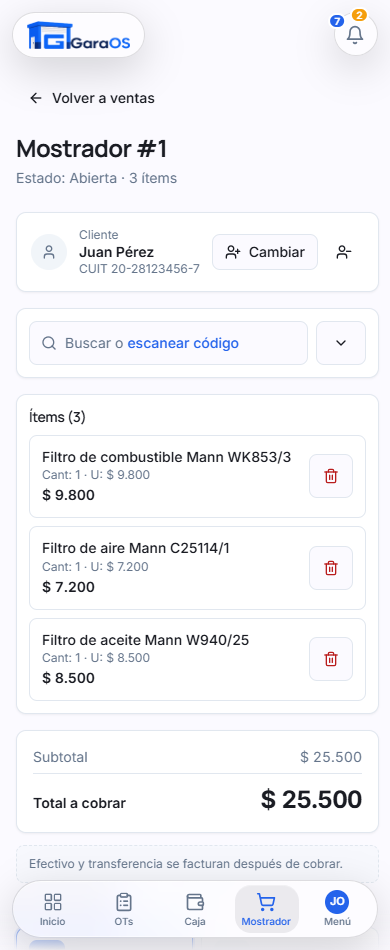 Venta de mostrador en GaraOS: ítems, total y formas de pago para cobrar