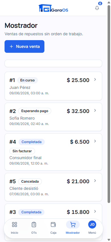 Ventas de mostrador de GaraOS en el celular, con el estado de cada venta