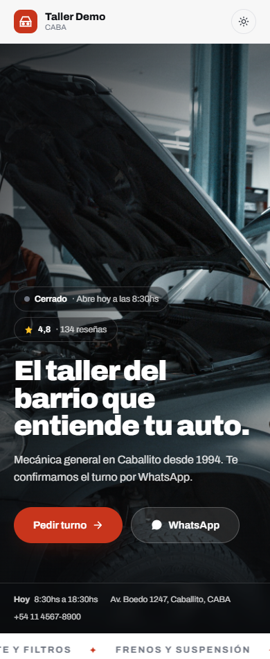 La página pública del taller hecha con GaraOS: turnos online por WhatsApp