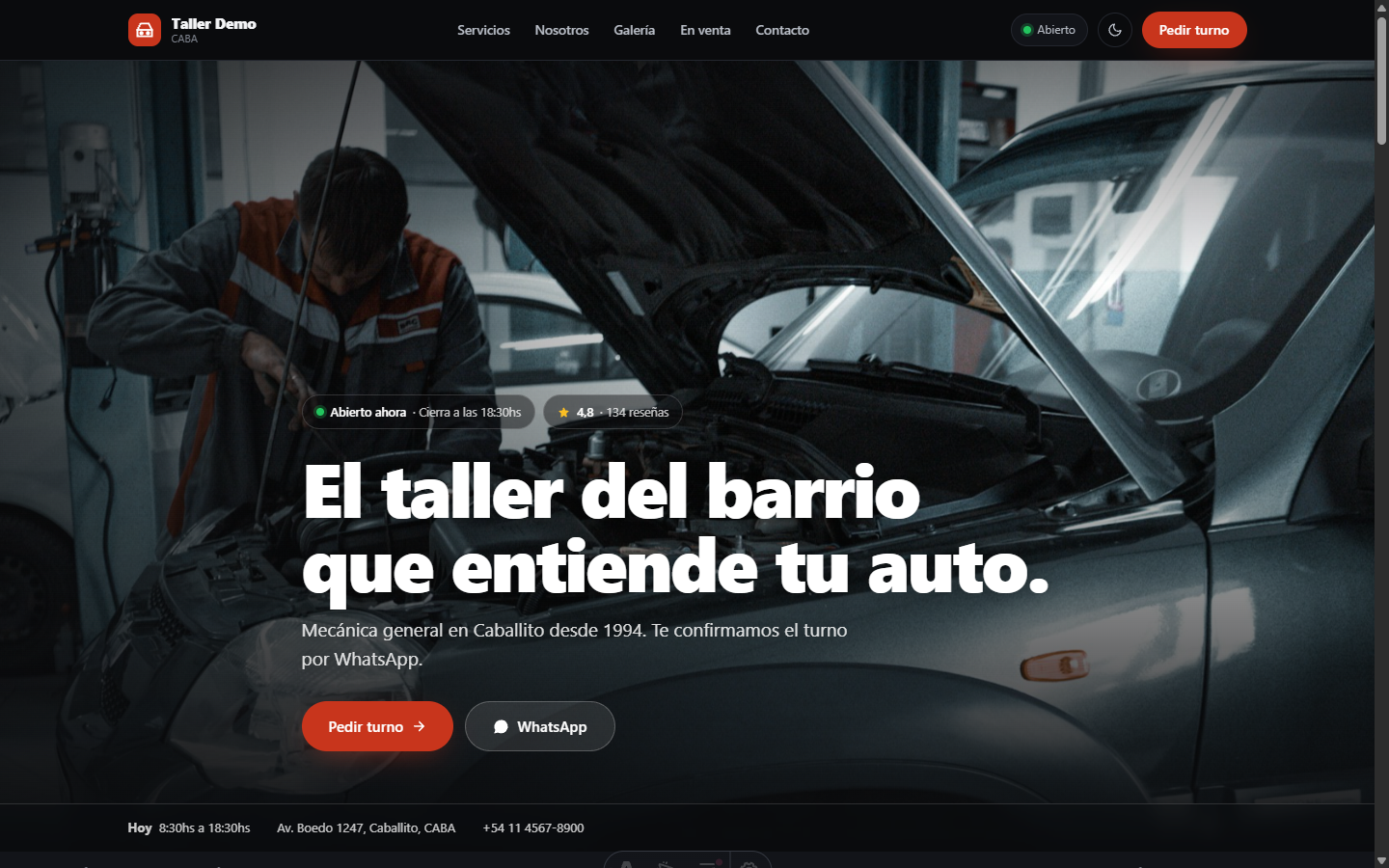 Página pública real de un negocio hecha con GaraOS: presentación, horarios, turnos online y datos de contacto