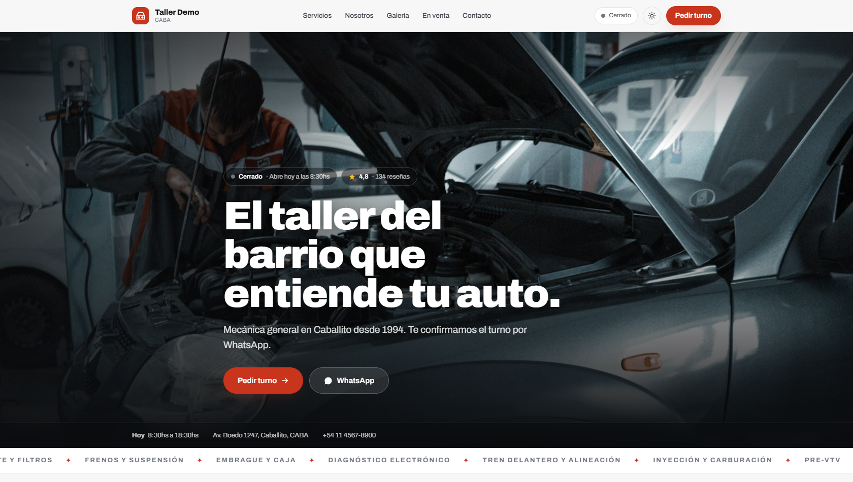 La página pública del taller hecha con GaraOS: turnos online por WhatsApp