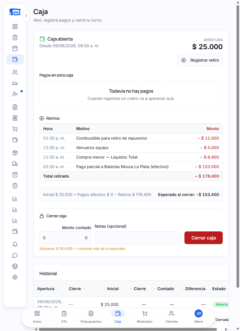 Caja del día de GaraOS en una tablet: apertura, pagos y retiros