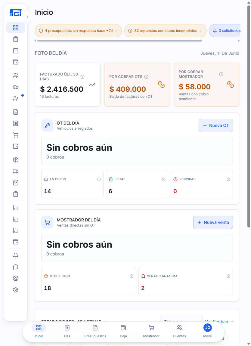 GaraOS en una tablet: la foto del día con facturación y saldos por cobrar