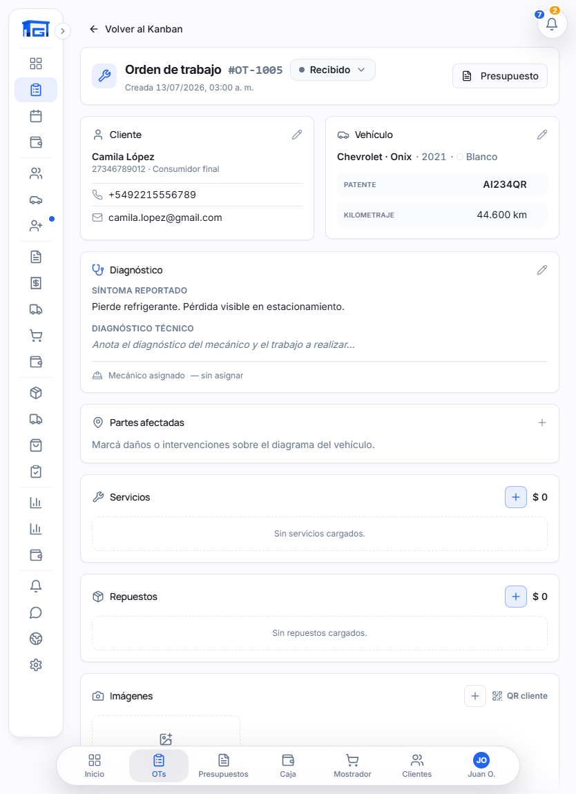 Detalle de una orden de trabajo en GaraOS: cliente, vehículo, servicios y repuestos