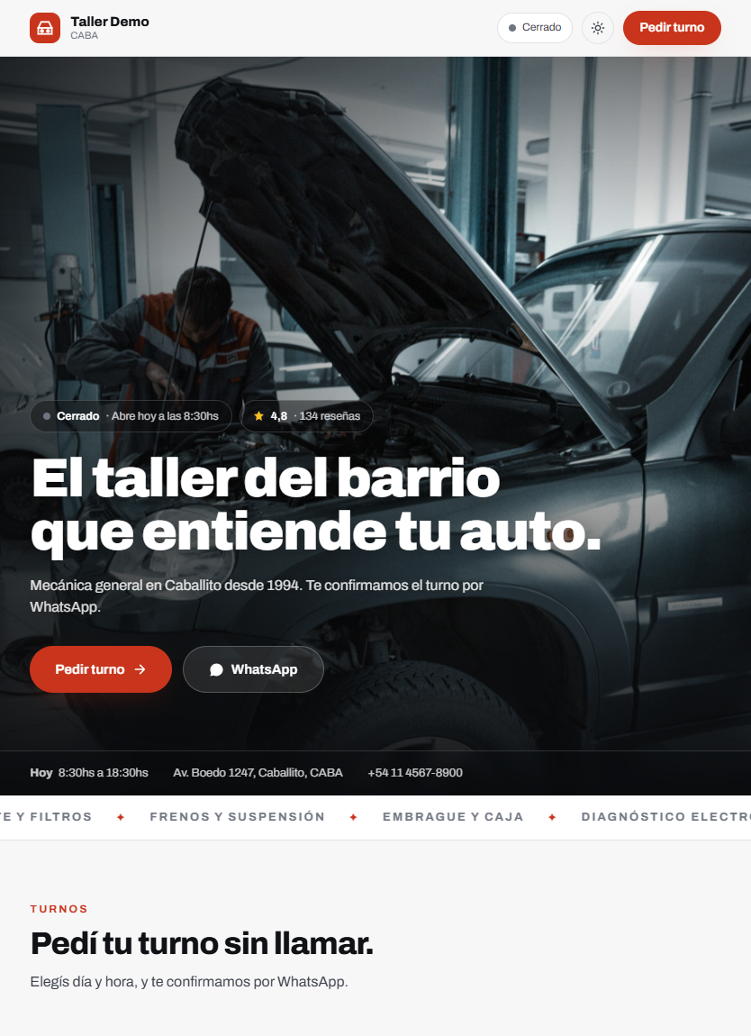 La página pública del taller hecha con GaraOS: turnos online por WhatsApp